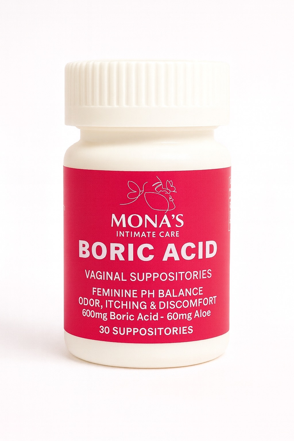 Mona’s Boric Acid Vaginal Suppositories – pH Balance + Aloe (30 Count)