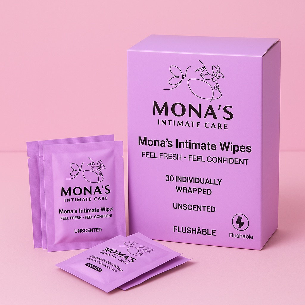 Mona’s Intimate Wipes – 30 Individually Wrapped (Unscented & Flushable)